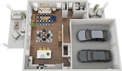 the view of the living room from the top of the floor with the car